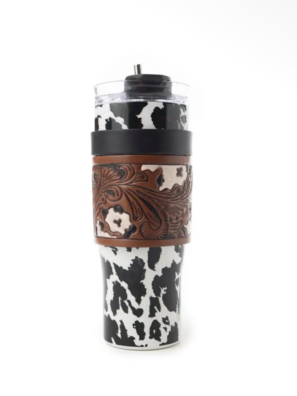 Myra Bag Black & White Cow Print Travel Tumbler with Brown Tooled Leather Sleeve